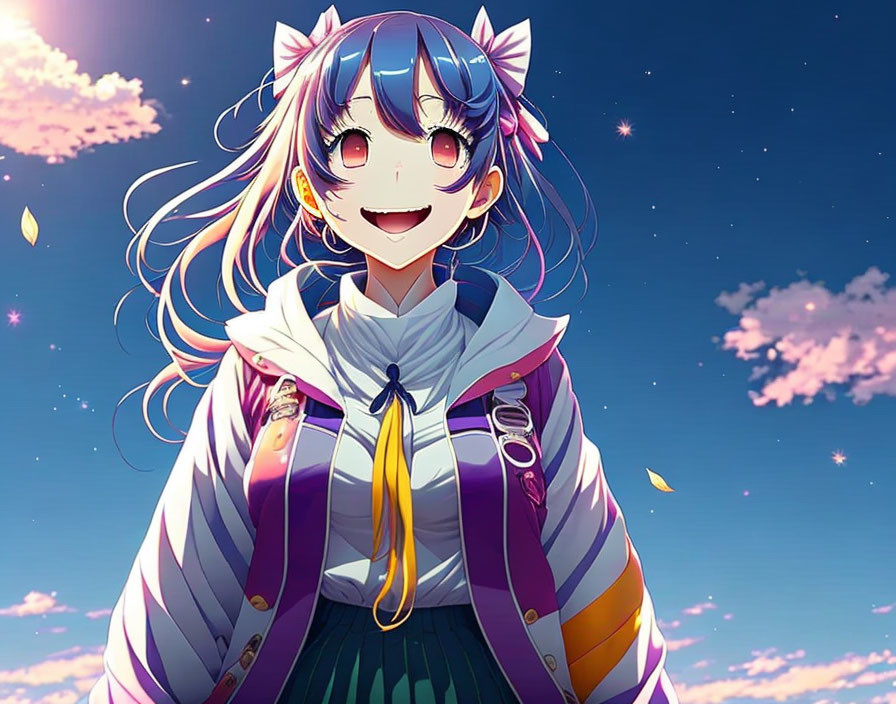 Blue-Haired Anime Girl in Purple Outfit under Golden Leaves Sky