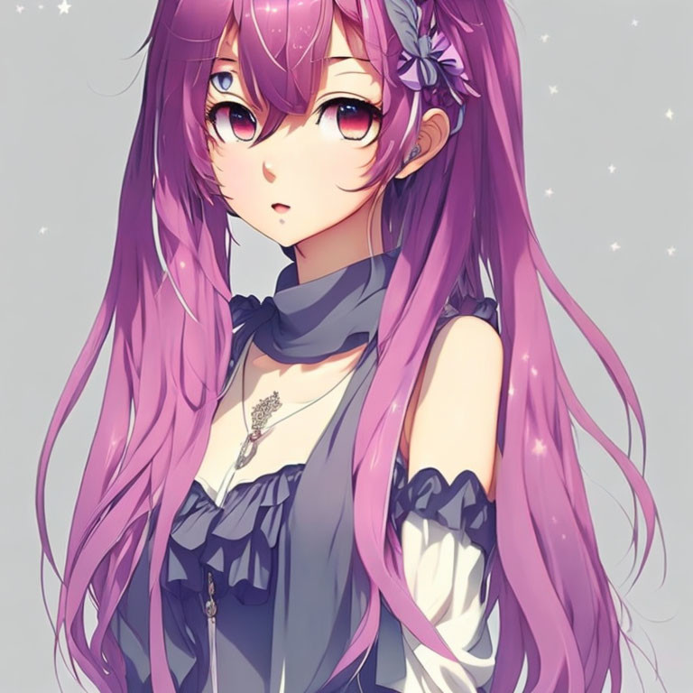 Anime character: Long purple hair, purple eyes, floral accessories, elegant outfit, surrounded by sparkles