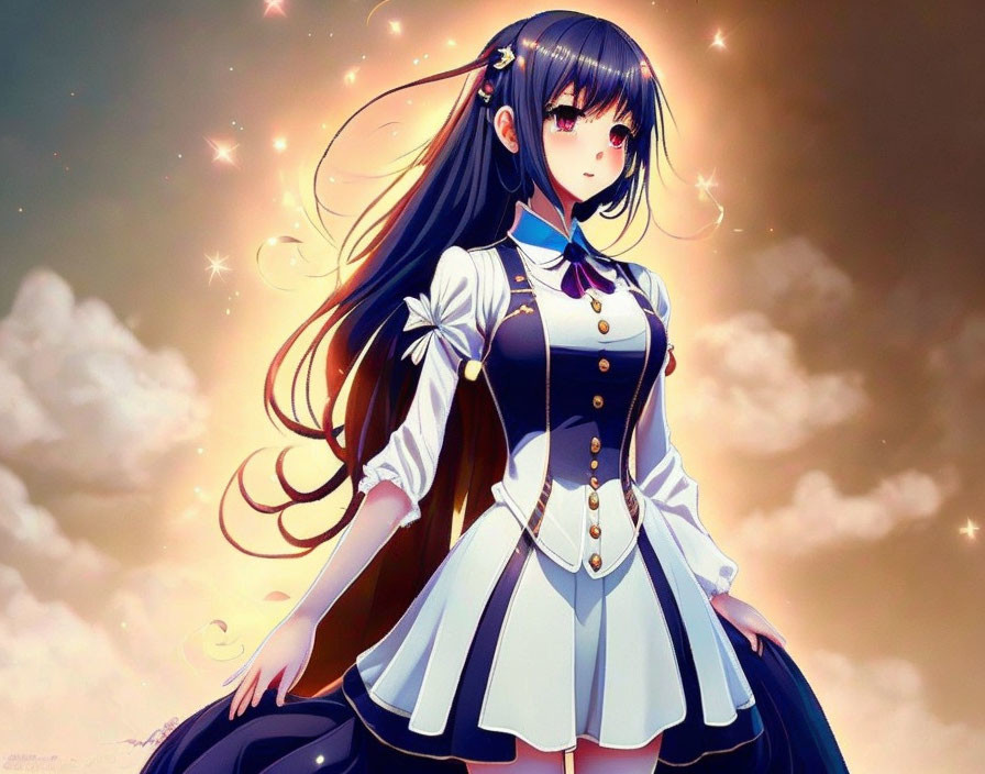 Anime girl with long black hair, blue eyes, blue and white uniform, and sparkles.