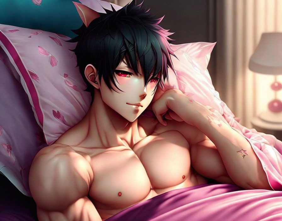 Shirtless anime character with cat ears in bed scene