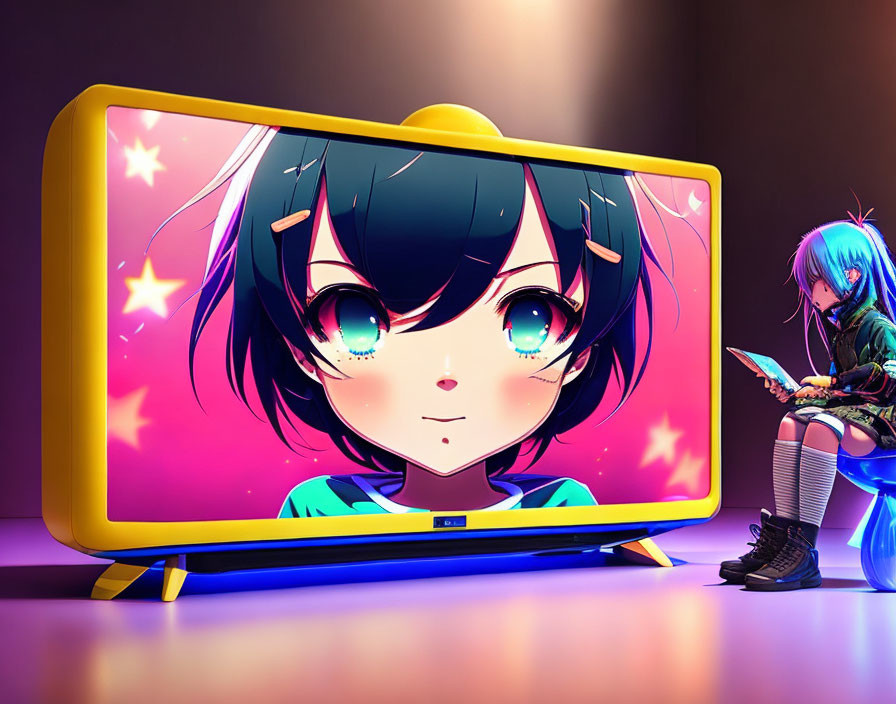 Colorful artwork: Blue-haired girl by TV with stylized character's face