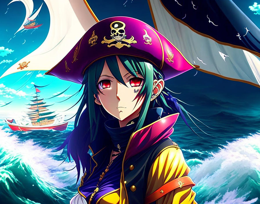 Animated pirate character with purple hat against ocean backdrop