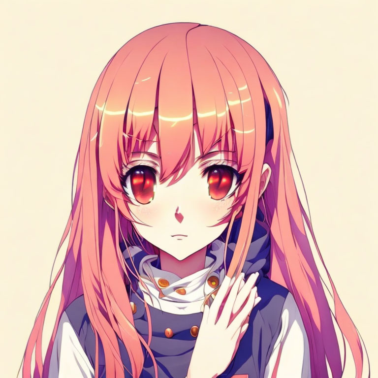 Anime character: Long pink hair, red eyes, blue and white outfit, orange beads