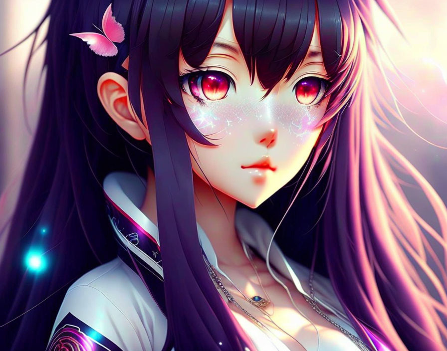 Anime girl digital artwork: Long black hair, pink starry eyes, butterfly hair accessory