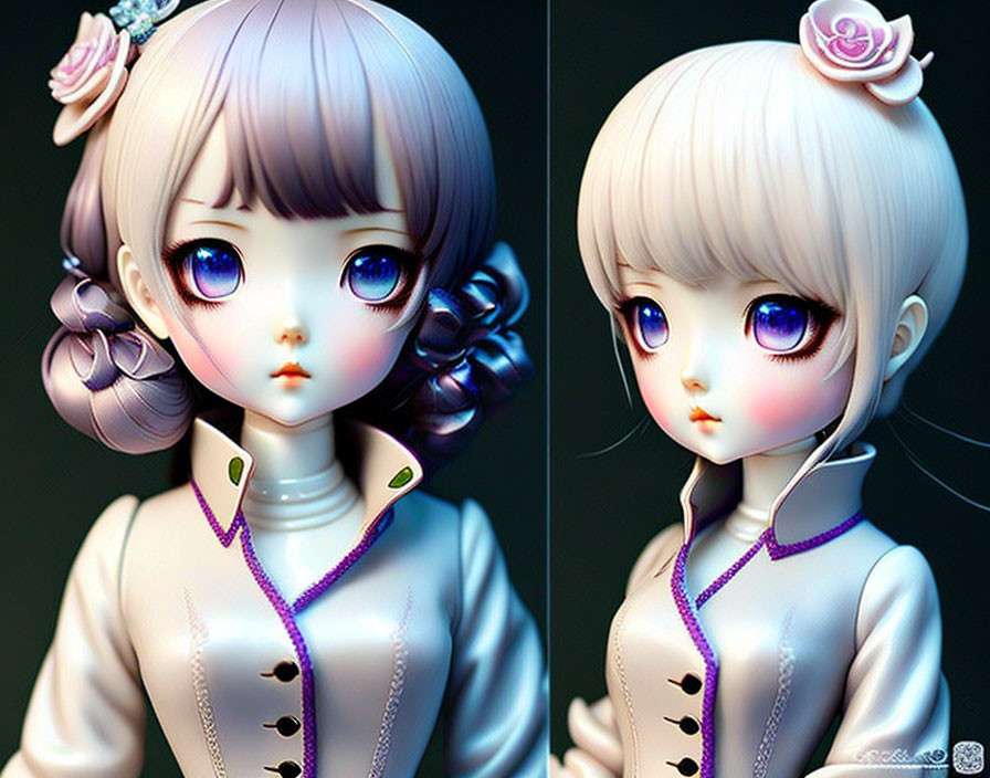 Stylized dolls with large purple eyes in white and purple attire