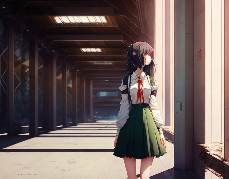 Brown-haired anime girl in green skirt in sunlit school corridor