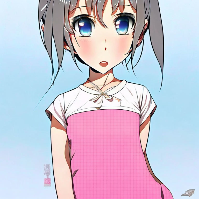 Anime girl with brown hair and blue eyes in white t-shirt and pink overalls.