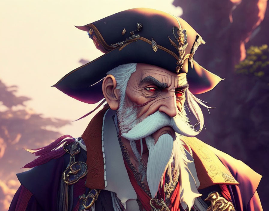 Elderly pirate in tricorn hat and luxurious coat.