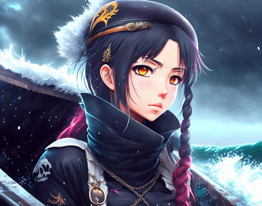 Digital artwork: Young woman with amber eyes, braided hair, in naval uniform on stormy sea