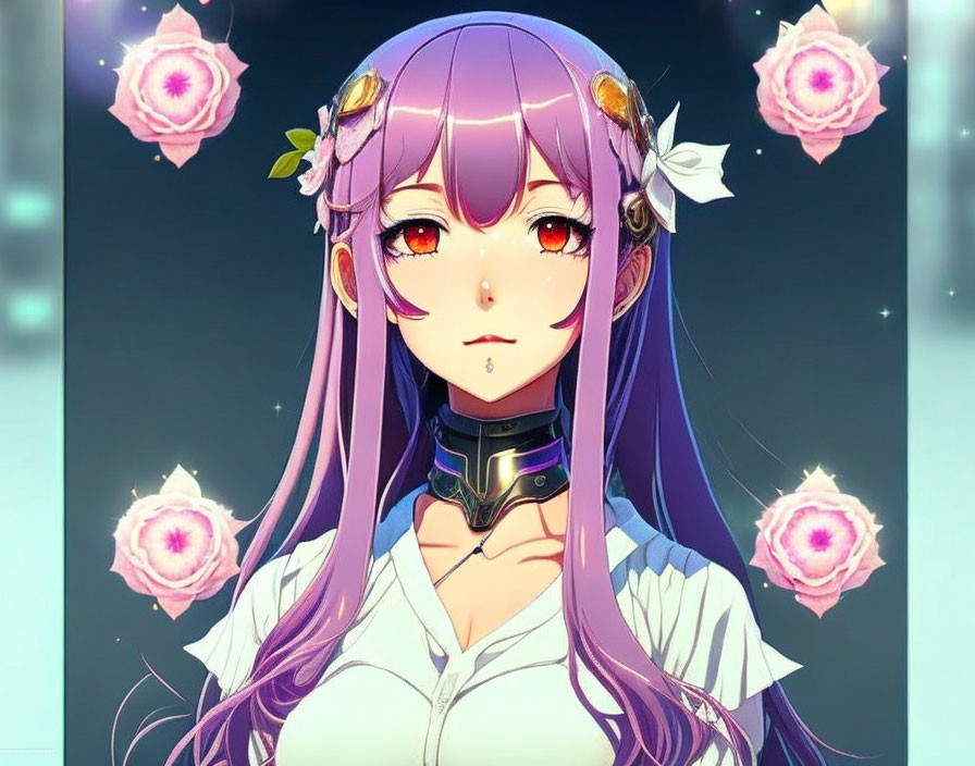 Purple-haired anime character with floral hairpiece and futuristic collar in front of glowing pink flowers.