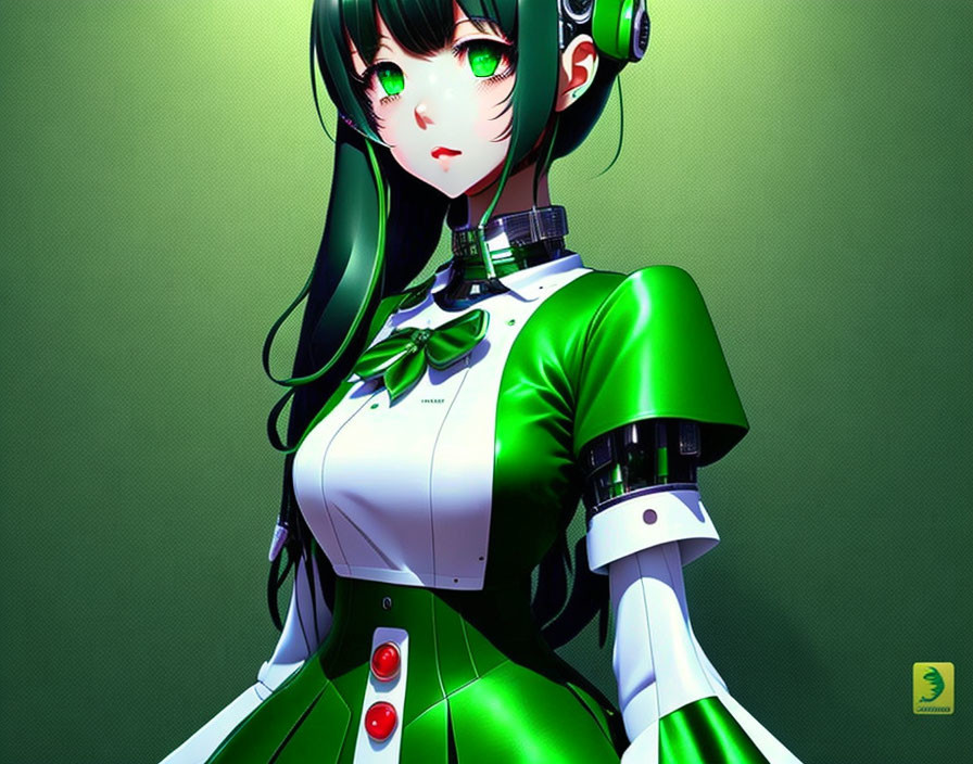 Anime-style female character with green eyes and black hair in green dress and headphones