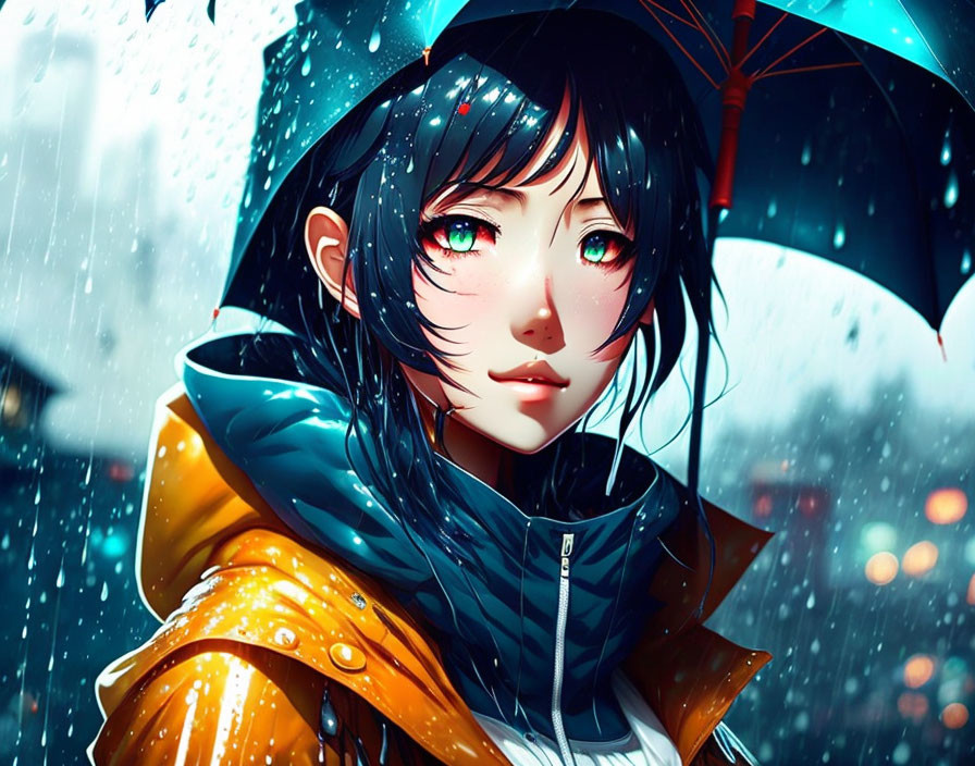 Black-Haired Anime Girl with Green Eyes in Rainy Scene