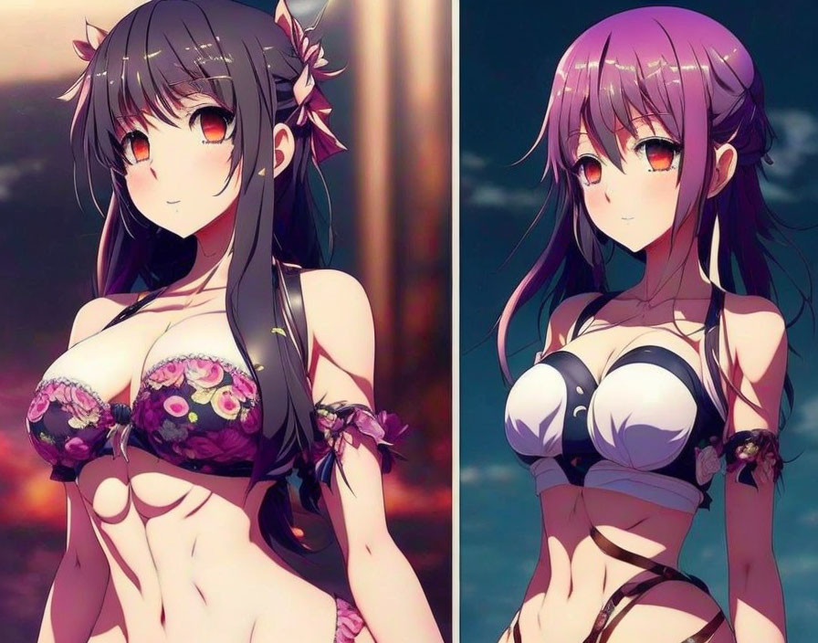 Anime-style female characters in floral and black bikinis against sunset.