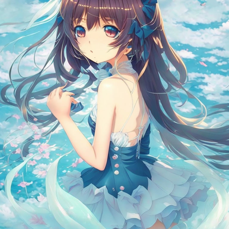 Blue-haired girl floating on water surrounded by petals in blue and white dress.