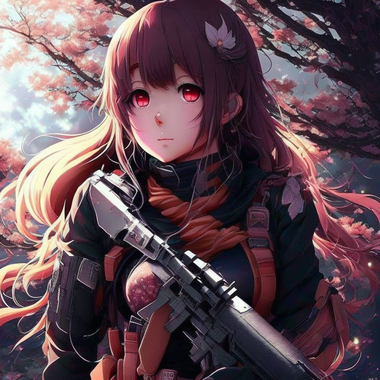 Anime-style Female Character with Long Brown Hair and Red Eyes Holding Gun Under Cherry Blossoms