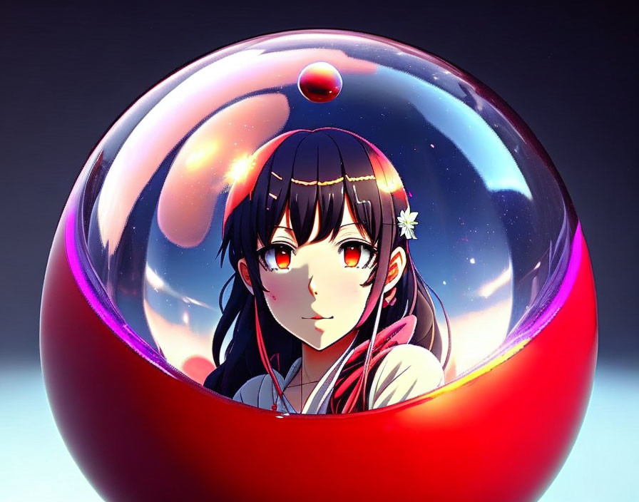 Anime girl with amber eyes in red bubble with white floral hair accessory.