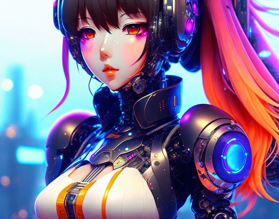 Vibrant female anime cyborg with detailed mechanical parts