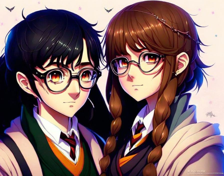 Anime-style characters with glasses in school uniforms on pink starry background