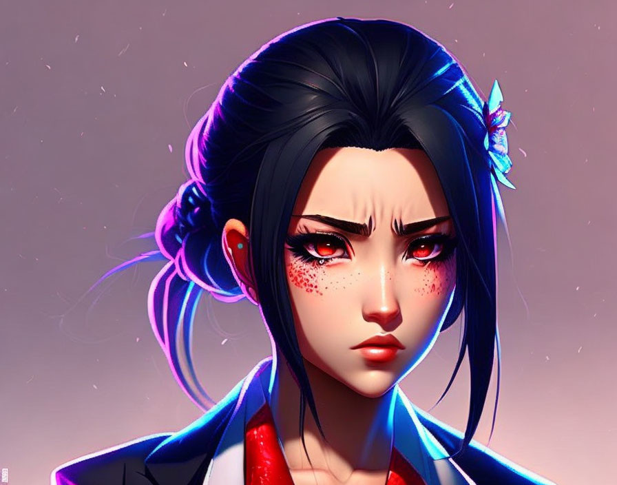 Stylized female character with dark hair and red freckles in digital artwork