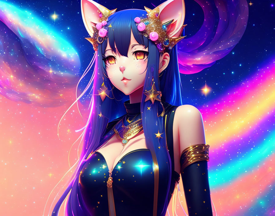 Black-Haired Anime Girl with Cat Ears and Star Accessories on Cosmic Background