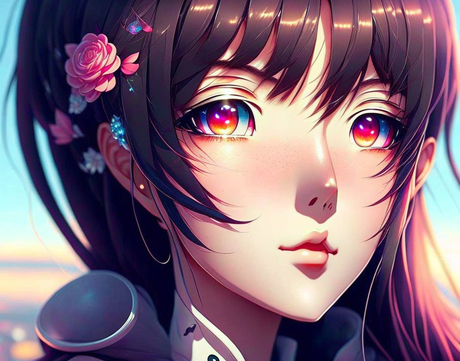 Anime girl illustration with expressive eyes and sunset reflection.