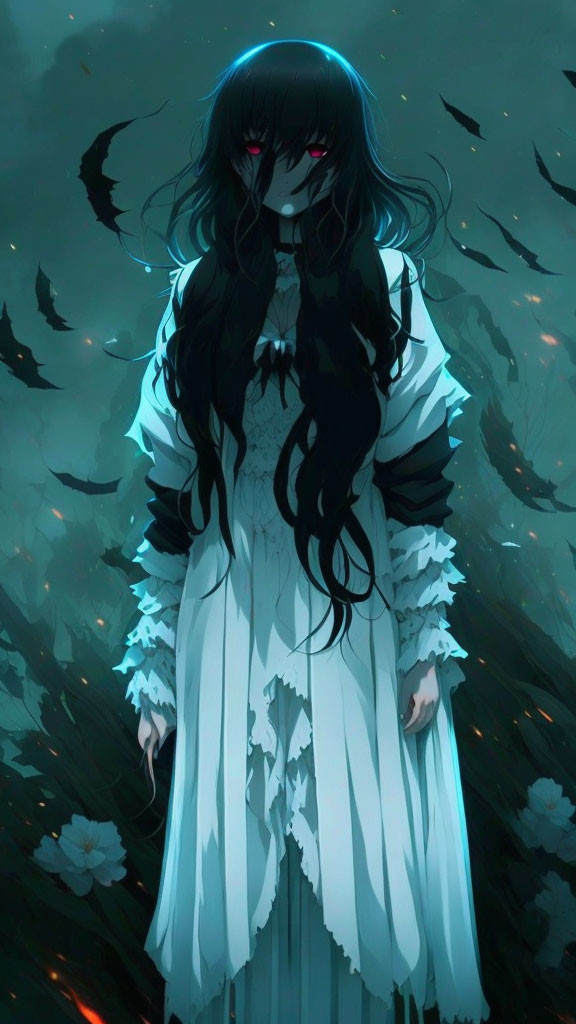 Animated character with red eyes in tattered white dress in gloomy forest