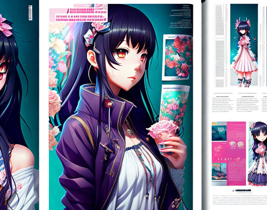 Long black-haired anime girl with pink rose in vibrant magazine spread.