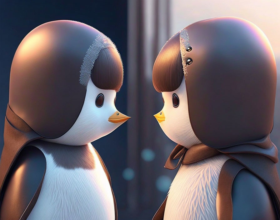 Animated penguins in brown cloaks show companionship