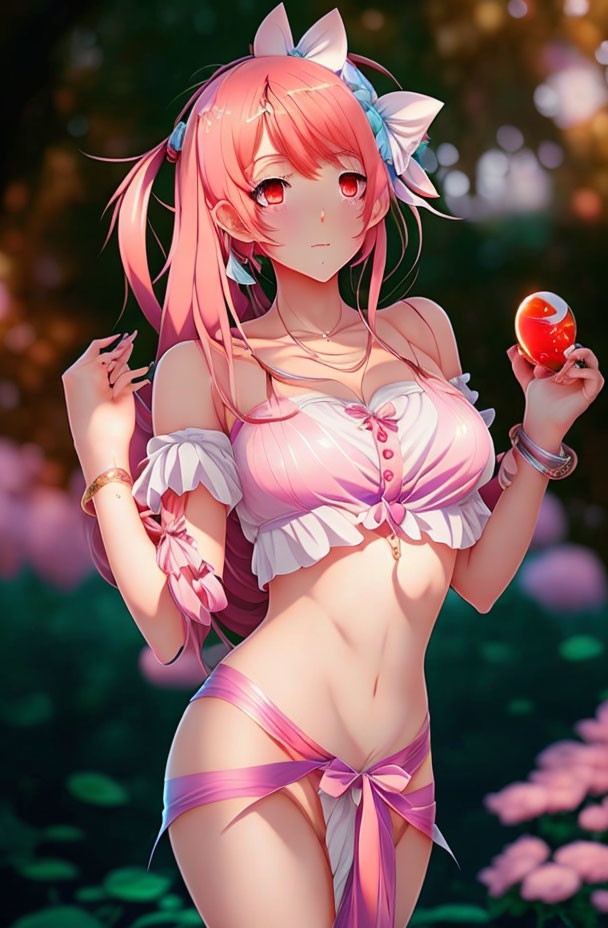 Pink-haired animated character in white bikini with ribbons, holding red fruit in sunlit garden.