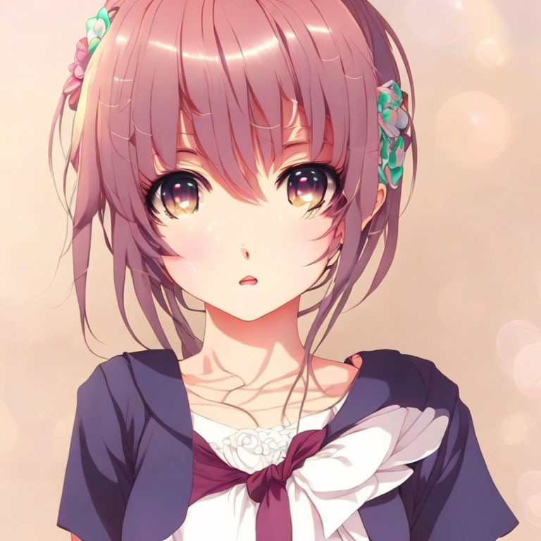 Anime girl with big sparkling eyes and short pink hair in dark outfit