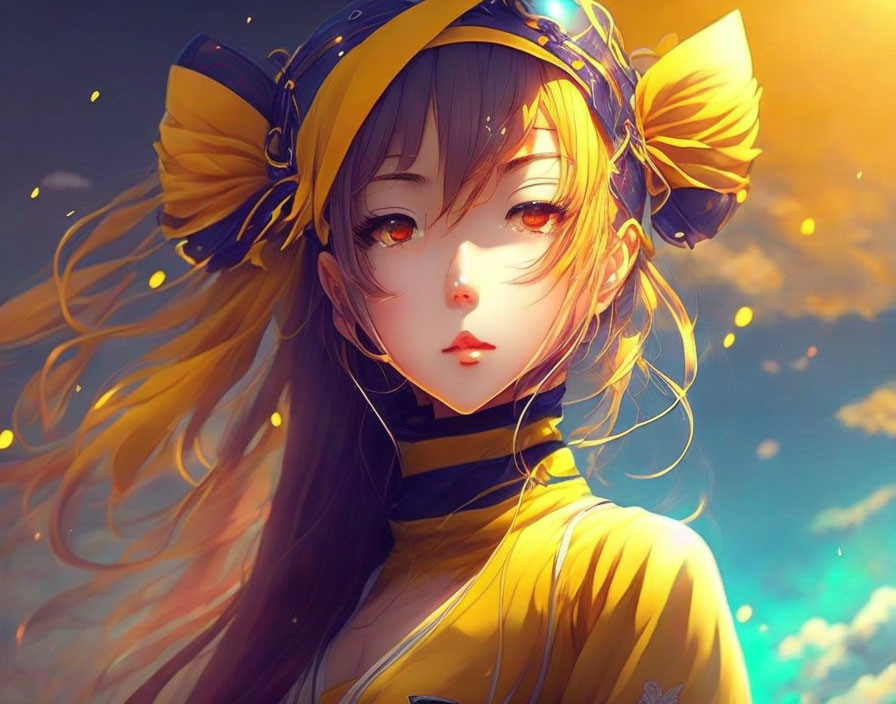 Anime-style girl with long yellow hair and bows in radiant gaze against sunlit backdrop