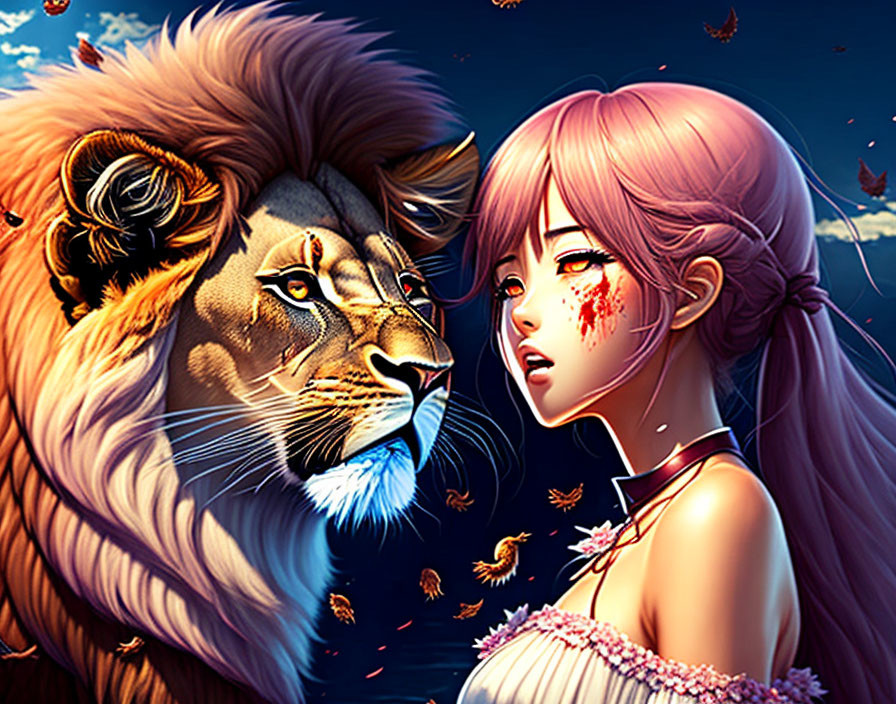 Illustration of girl with pink hair, lion, butterflies, night sky