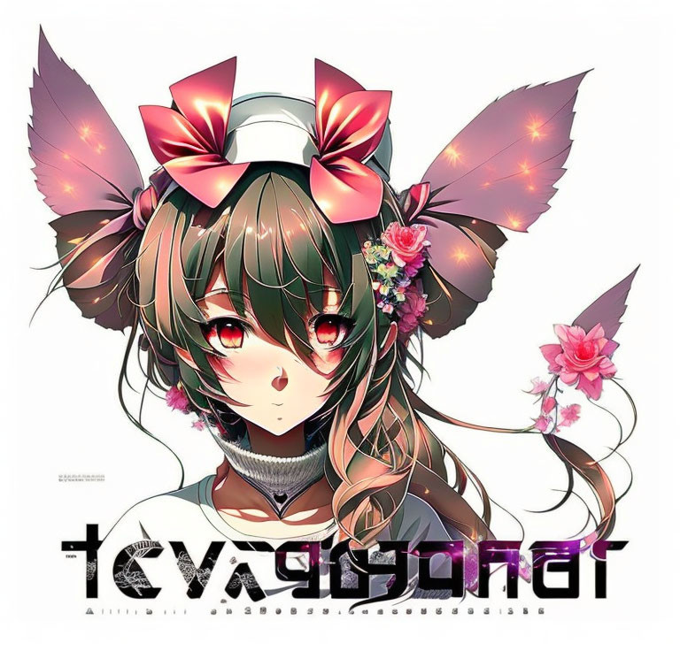 Green-eyed anime girl with long brown hair, red bows, and pink flowers, with light text overlay