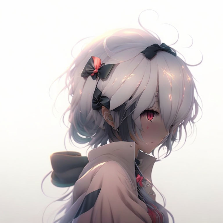 Silver-Haired Female Anime Character with Red Eye and Black Ribbons