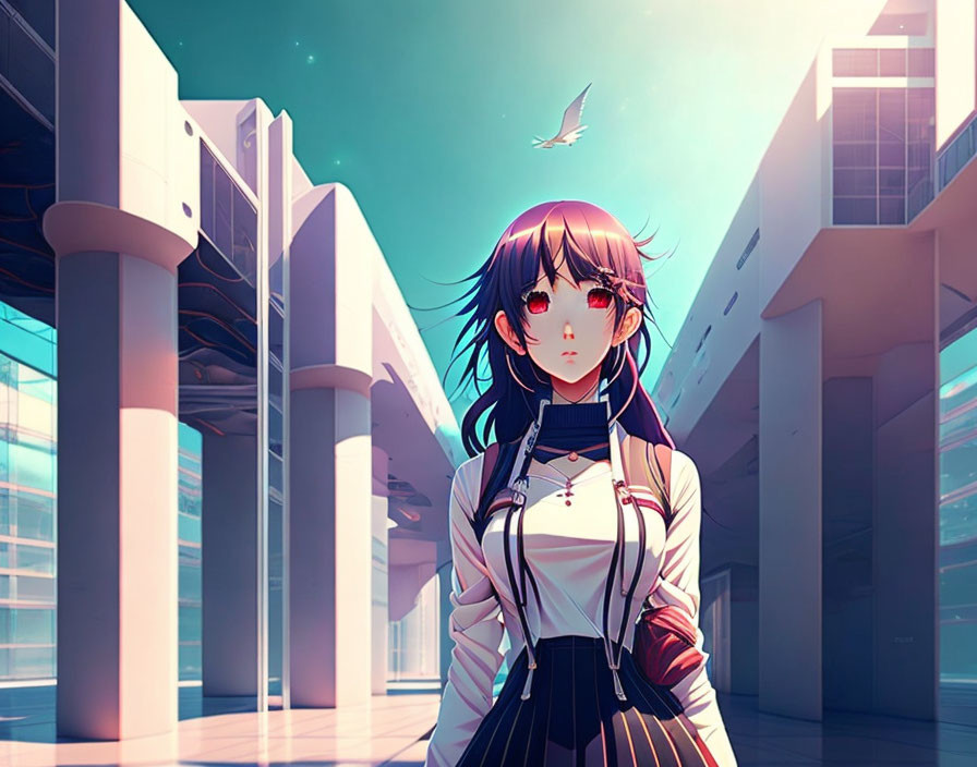 Dark-haired anime-style girl in futuristic corridor with flying birds & vibrant sky