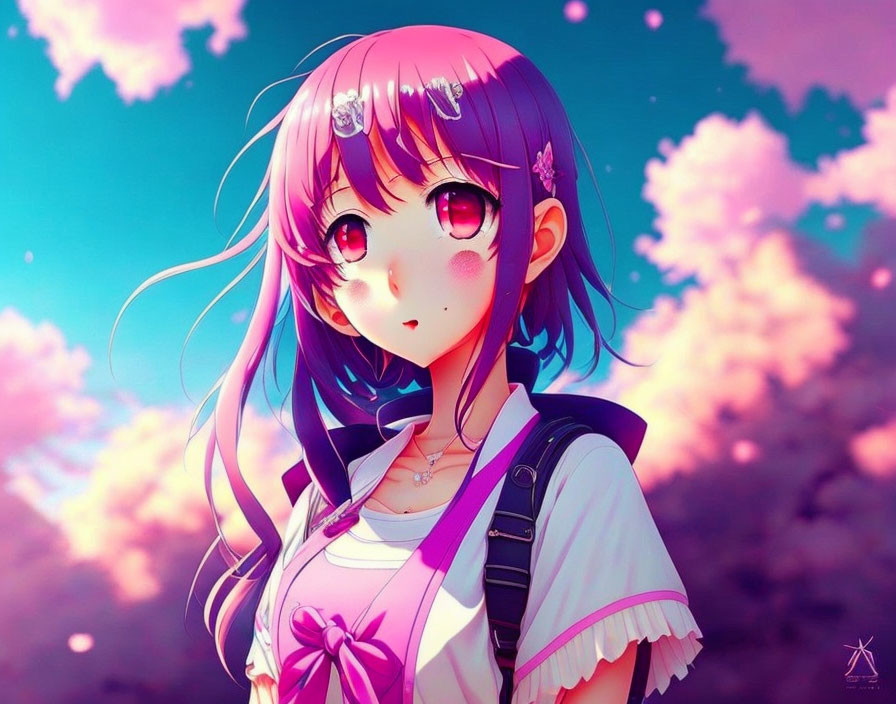 Pink-haired anime girl with bow in front of pink and blue sky.