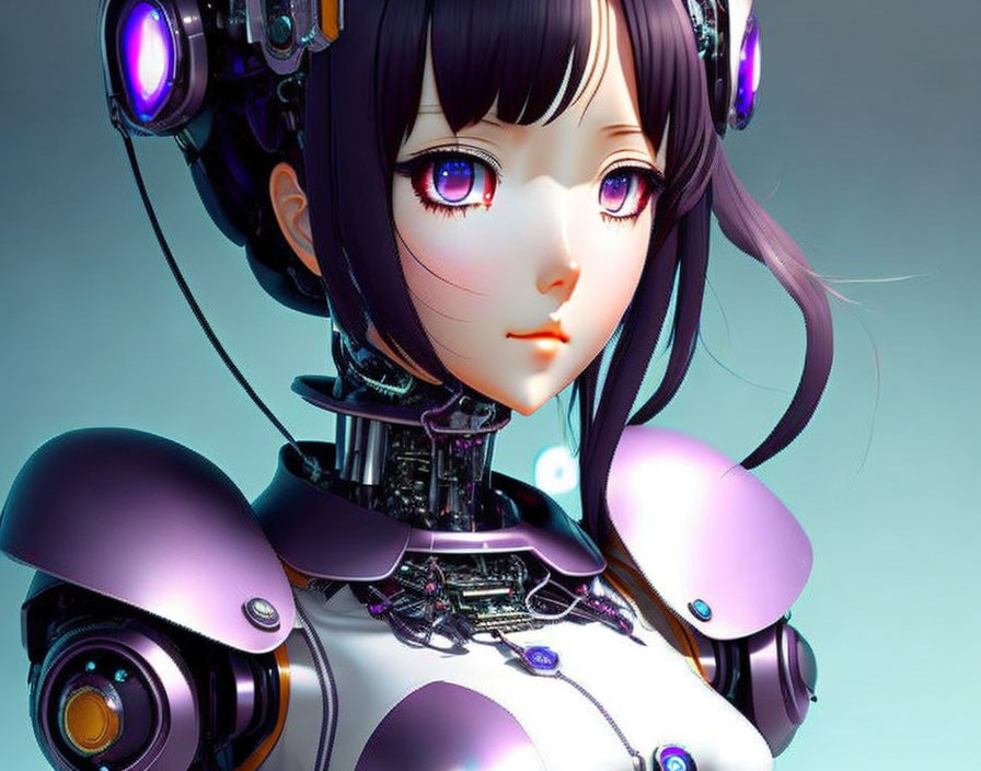 Detailed futuristic female android with violet eyes and mechanical parts