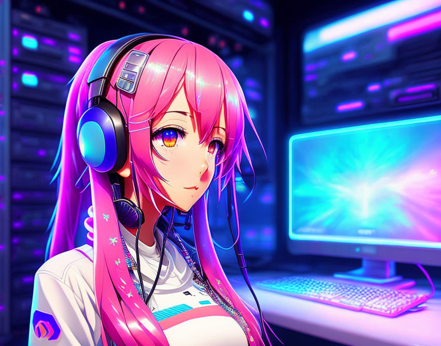 Pink-haired animated girl with headphones at computer in tech-filled room