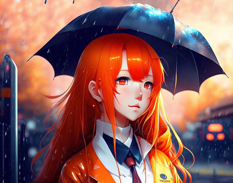 Anime character with orange hair and red eyes holding umbrella in autumn scene