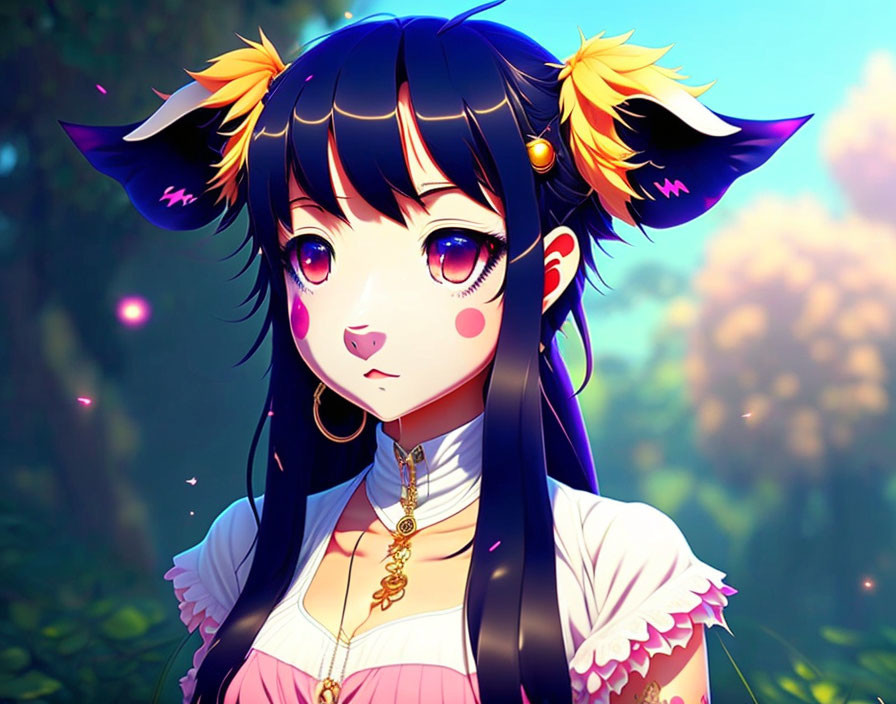 Colorful Anime Character with Dark Hair and Animal Ears on Vibrant Nature Background