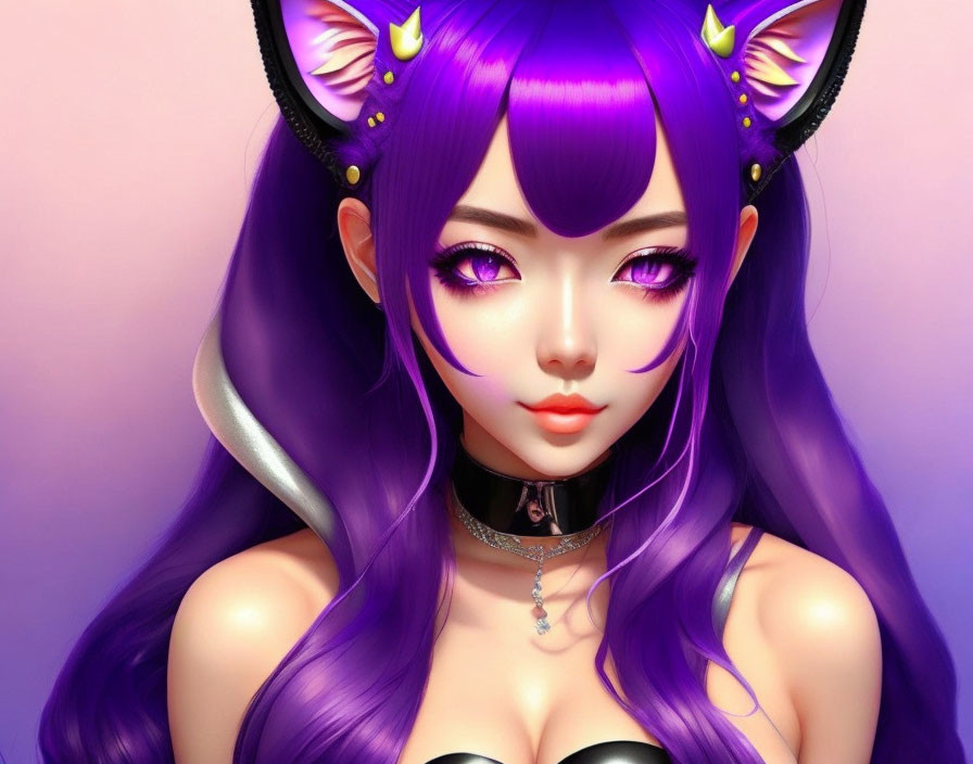 Female character with purple hair, cat ears, choker, and purple eyes on pink background