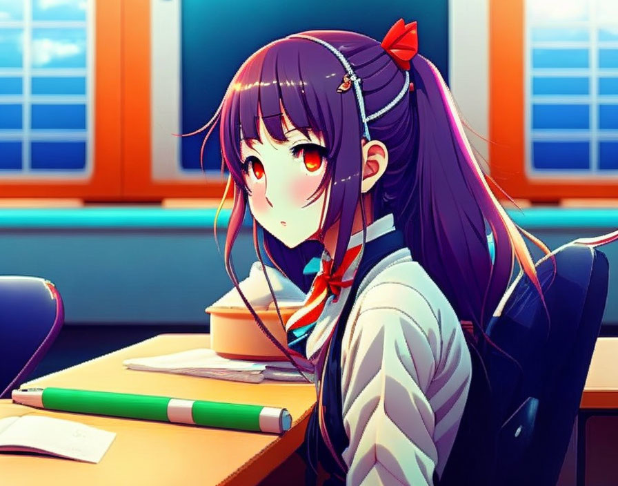 Purple-haired anime girl with red eyes at desk in classroom with pen and book.