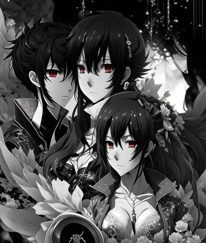 Anime-style characters: black hair, red eyes, dark floral motifs - gothic theme