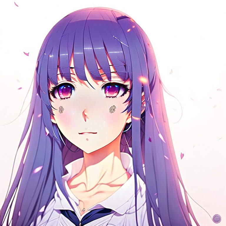 Purple-haired girl with violet eyes in pink petals, blushing cheeks