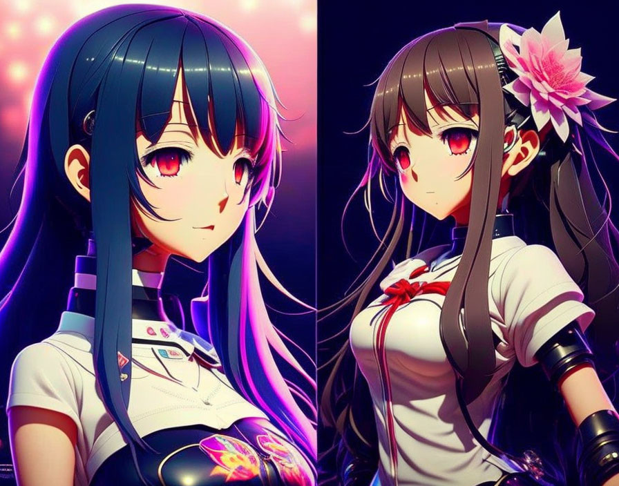 Anime-style female characters with colorful eyes and unique hairstyles on vibrant pink background