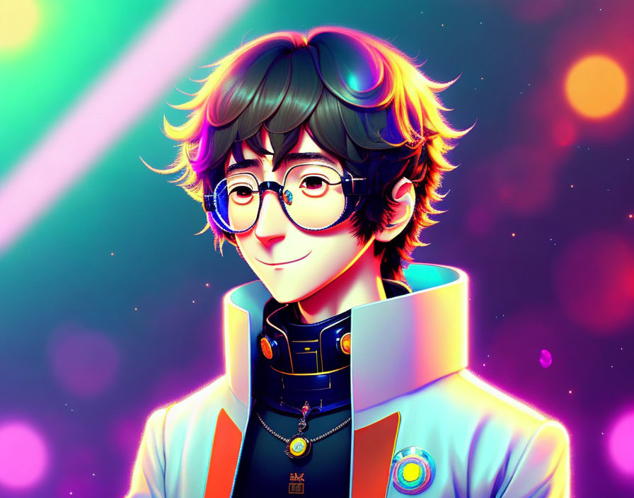 Colorful futuristic portrait of a smiling person with glasses and high collar