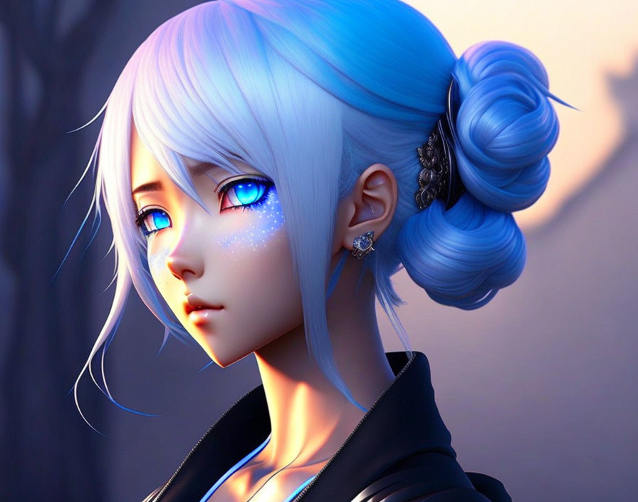 Female character portrait: bright blue eyes, pale blue hair in bun, subtle blue lighting