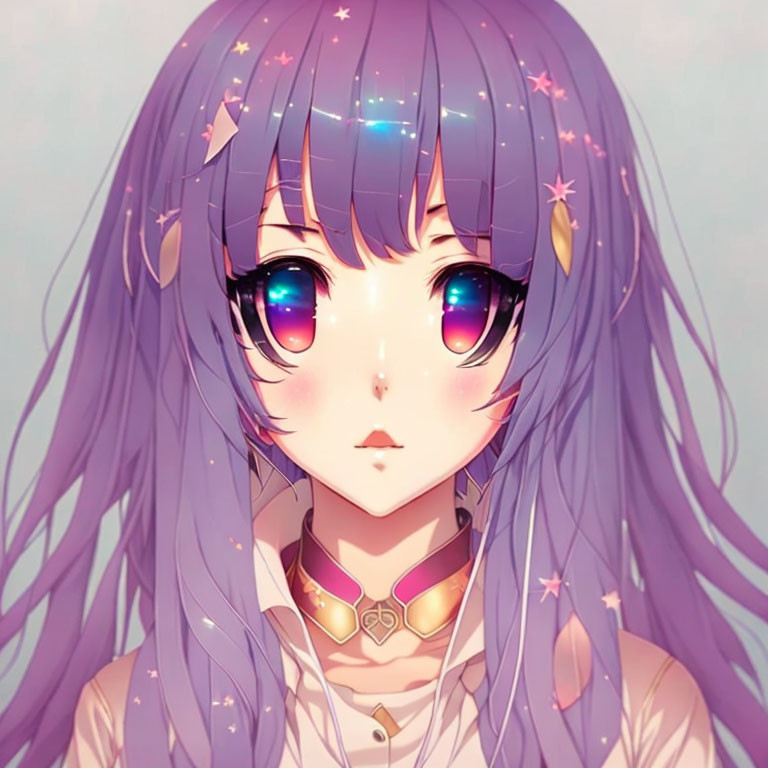 Purple-haired character with sparkly eyes and starry choker on pink backdrop