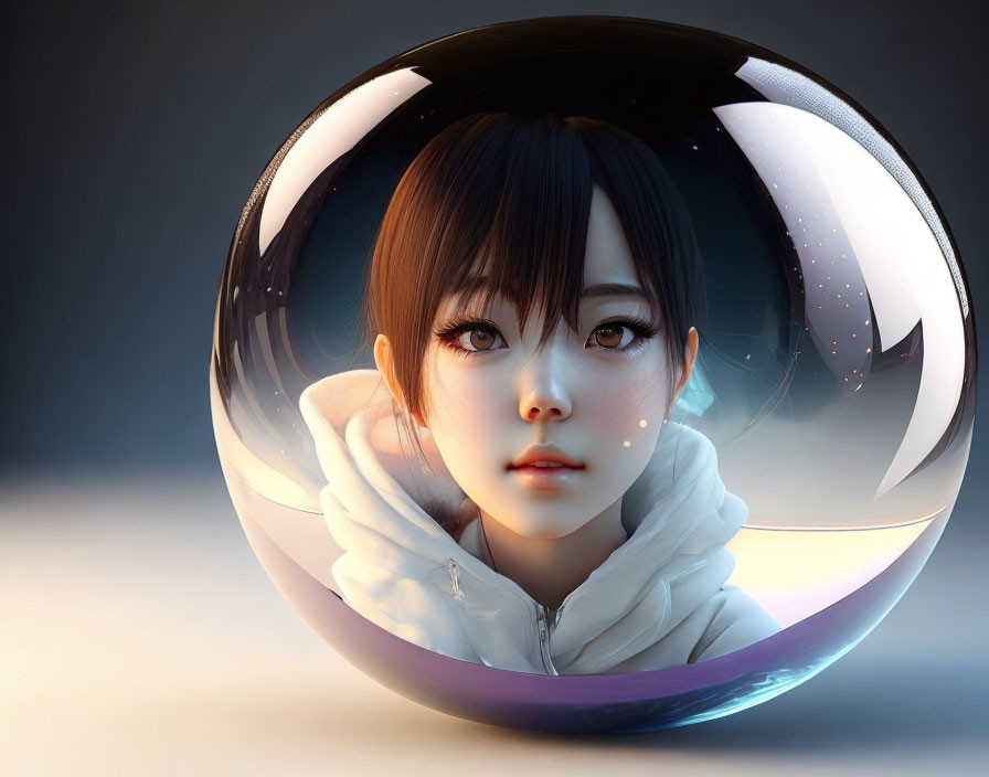 Digital Art: Young Girl with Expressive Eyes in Reflective Sphere