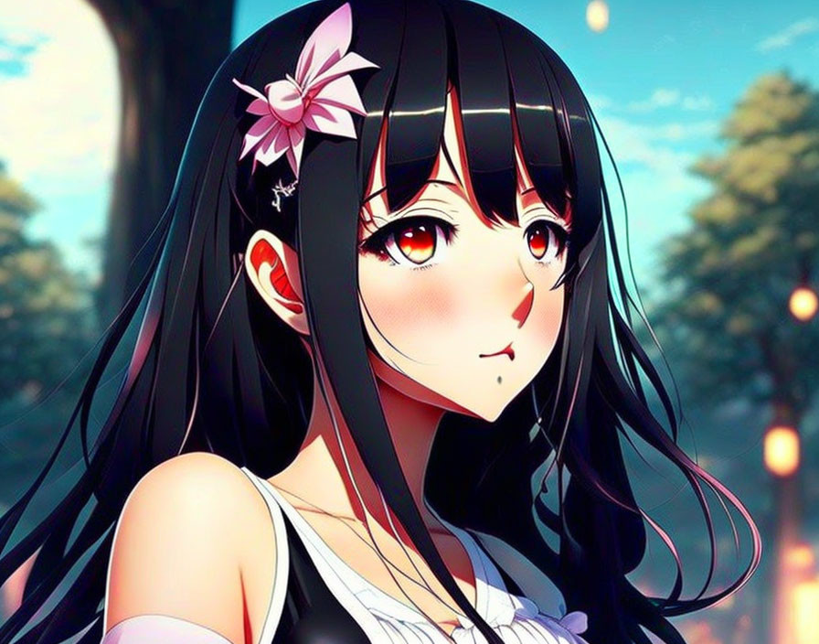 Long black hair anime girl with amber eyes and pink flower in hair, looking to the side.